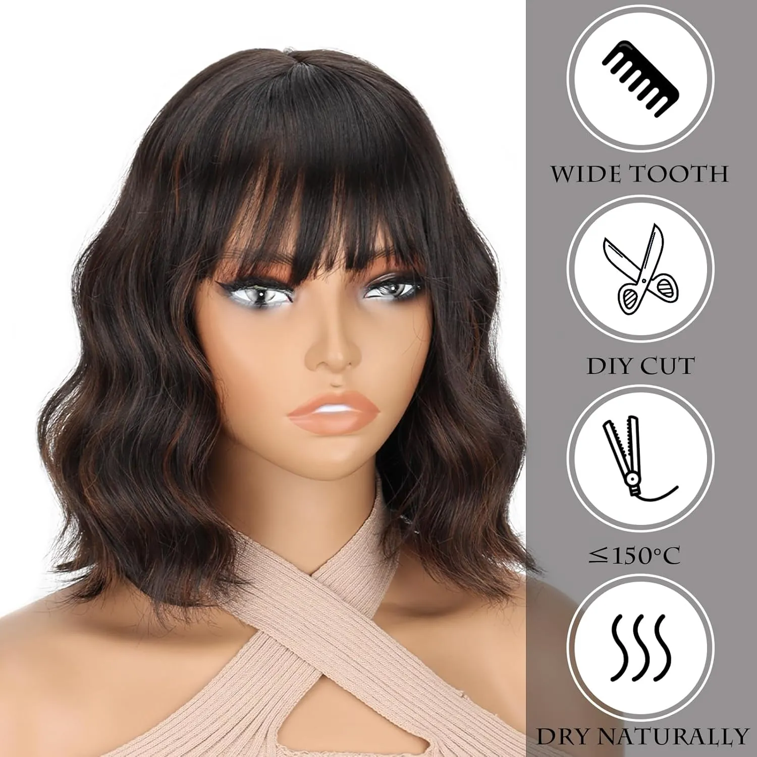 Black Wig with Highlights,Short Wavy Black Wigs with Bangs Shoulder Length Bob Curly Wavy Black Wigs for Women Synthetic Cosplay Wig for Date Daily Use