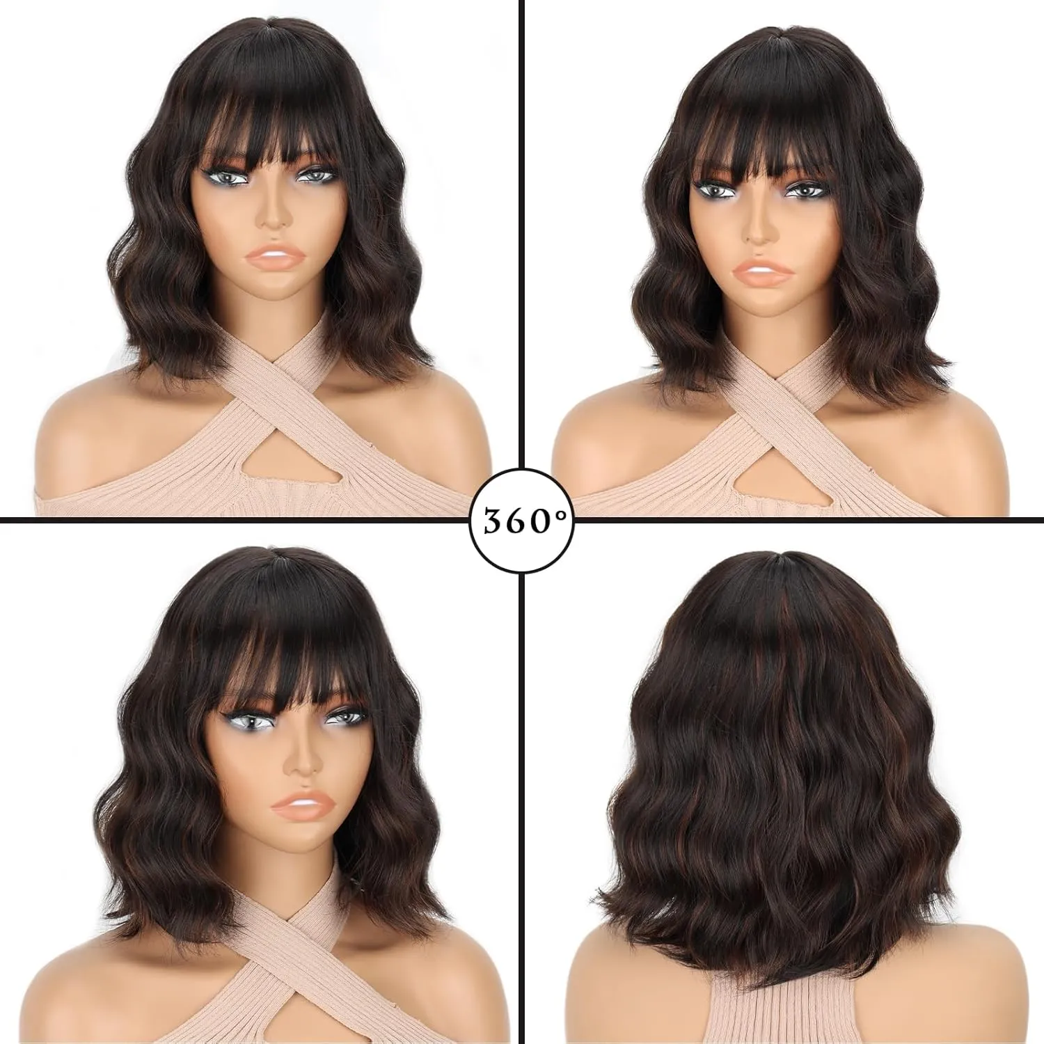 Black Wig with Highlights,Short Wavy Black Wigs with Bangs Shoulder Length Bob Curly Wavy Black Wigs for Women Synthetic Cosplay Wig for Date Daily Use