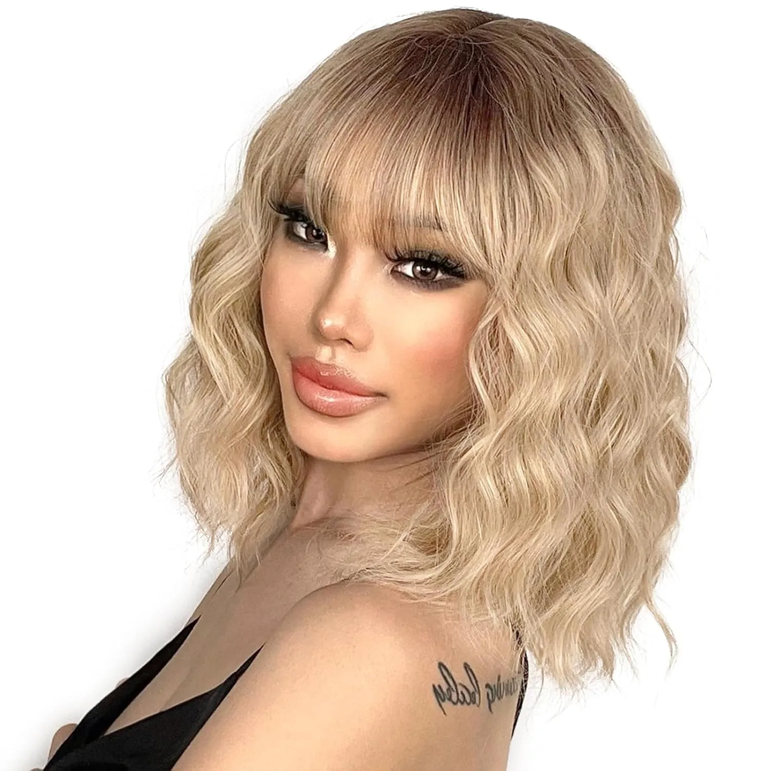 Blonde Wig with Bangs Synthetic Short Blonde Wigs for Women Dirty Blonde Wavy Wig for Daily Use