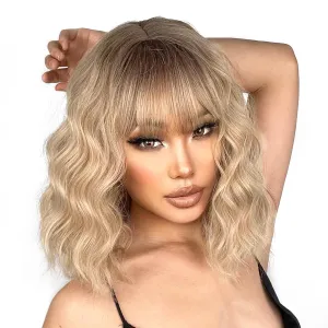 Blonde Wig with Bangs Synthetic Short Blonde Wigs for Women Dirty Blonde Wavy Wig for Daily Use