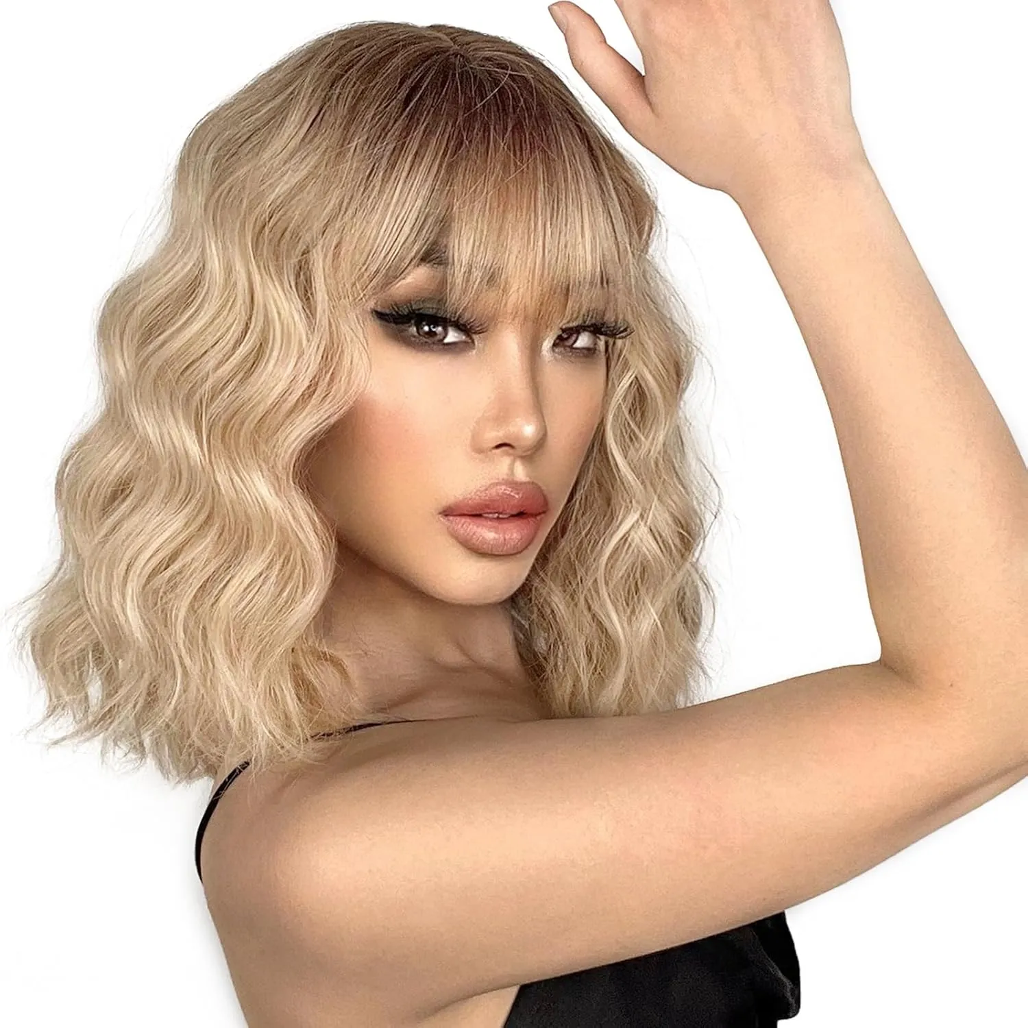 Blonde Wig with Bangs Synthetic Short Blonde Wigs for Women Dirty Blonde Wavy Wig for Daily Use