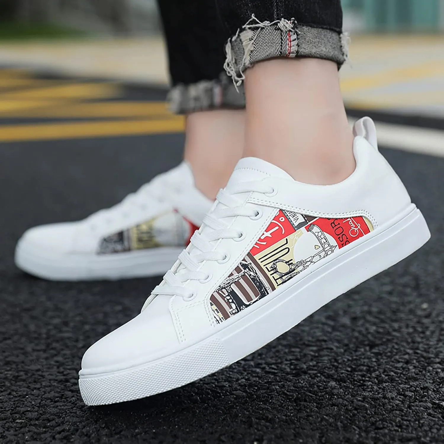BORAMAX Men's White Casual High Top Fashion Canvas Sneakers