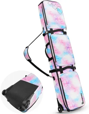 Bosynoy Snowboard Bag with Wheels, Extendable Ski Bags for Air Travel Length up to 175cm, Water Resistant Snowboard Travel Bags for Flying, Padded Ski Bag for Boots Up to Size 13, Helmet, Jacket, Pink