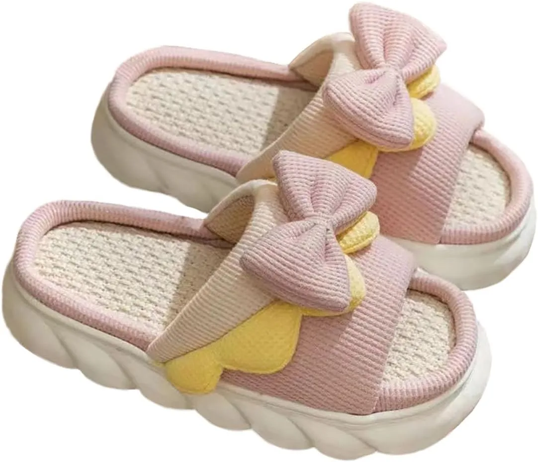 Bow shaped slippers cute women's summer home open toe linen slippers