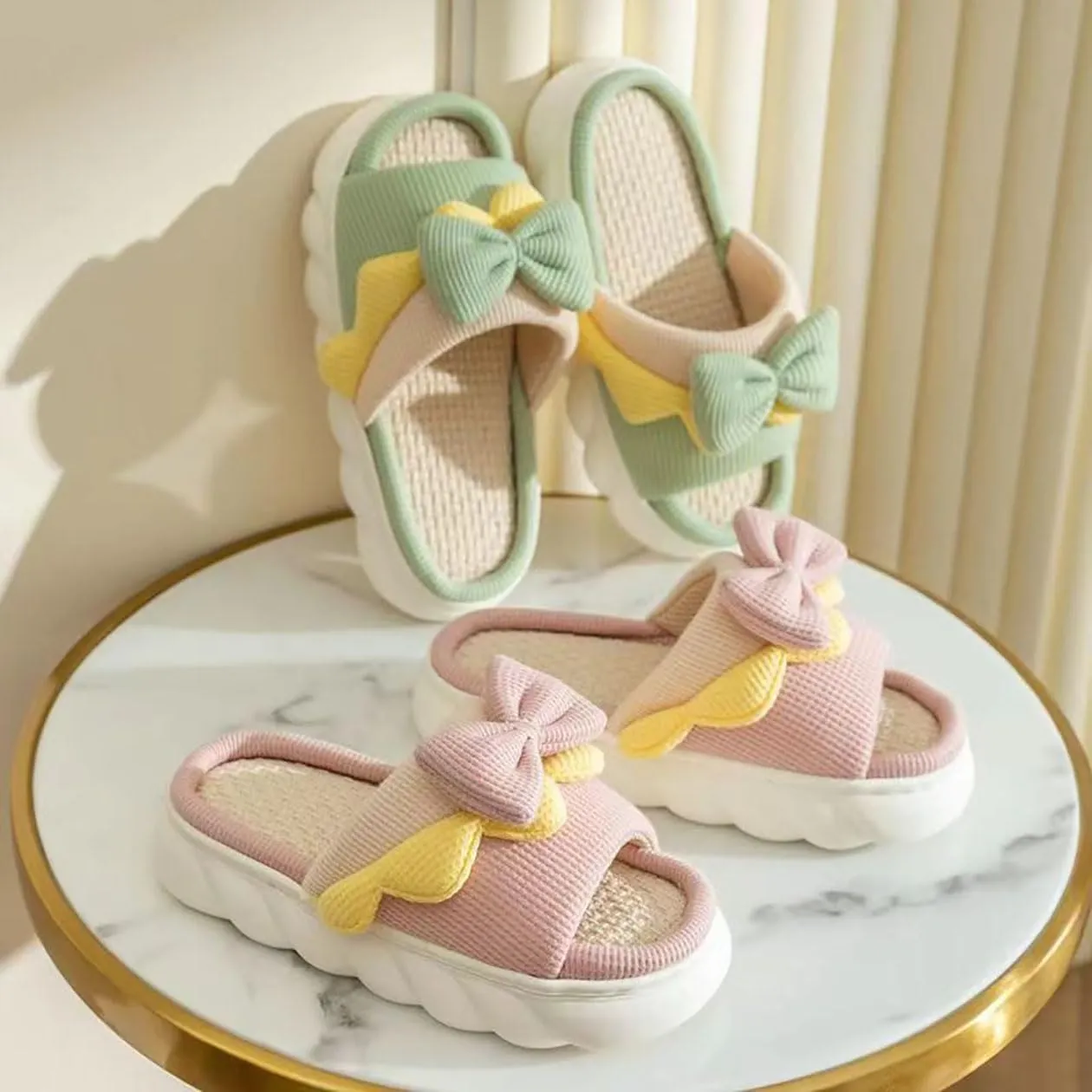 Bow shaped slippers cute women's summer home open toe linen slippers