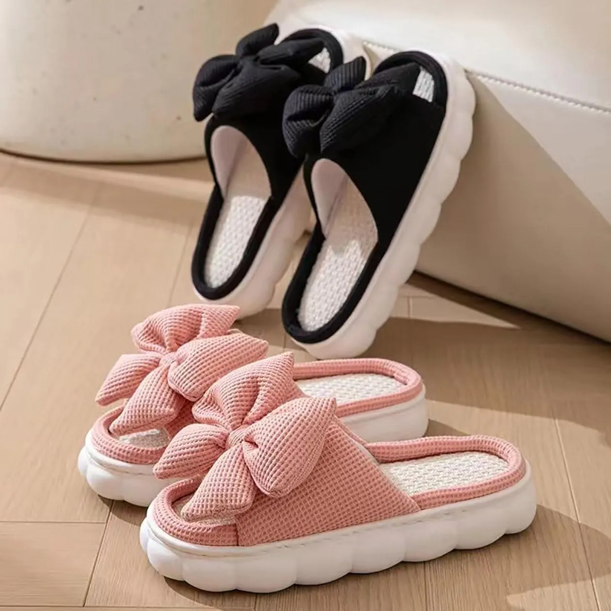 Bow shaped slippers cute women's summer home open toe linen slippers