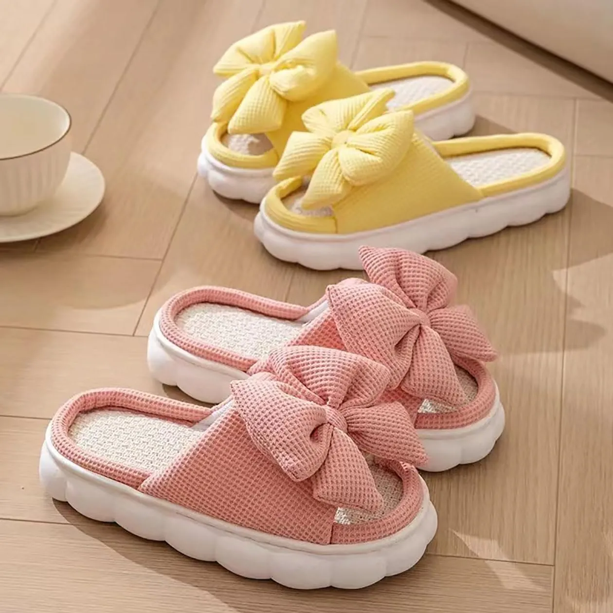 Bow shaped slippers cute women's summer home open toe linen slippers