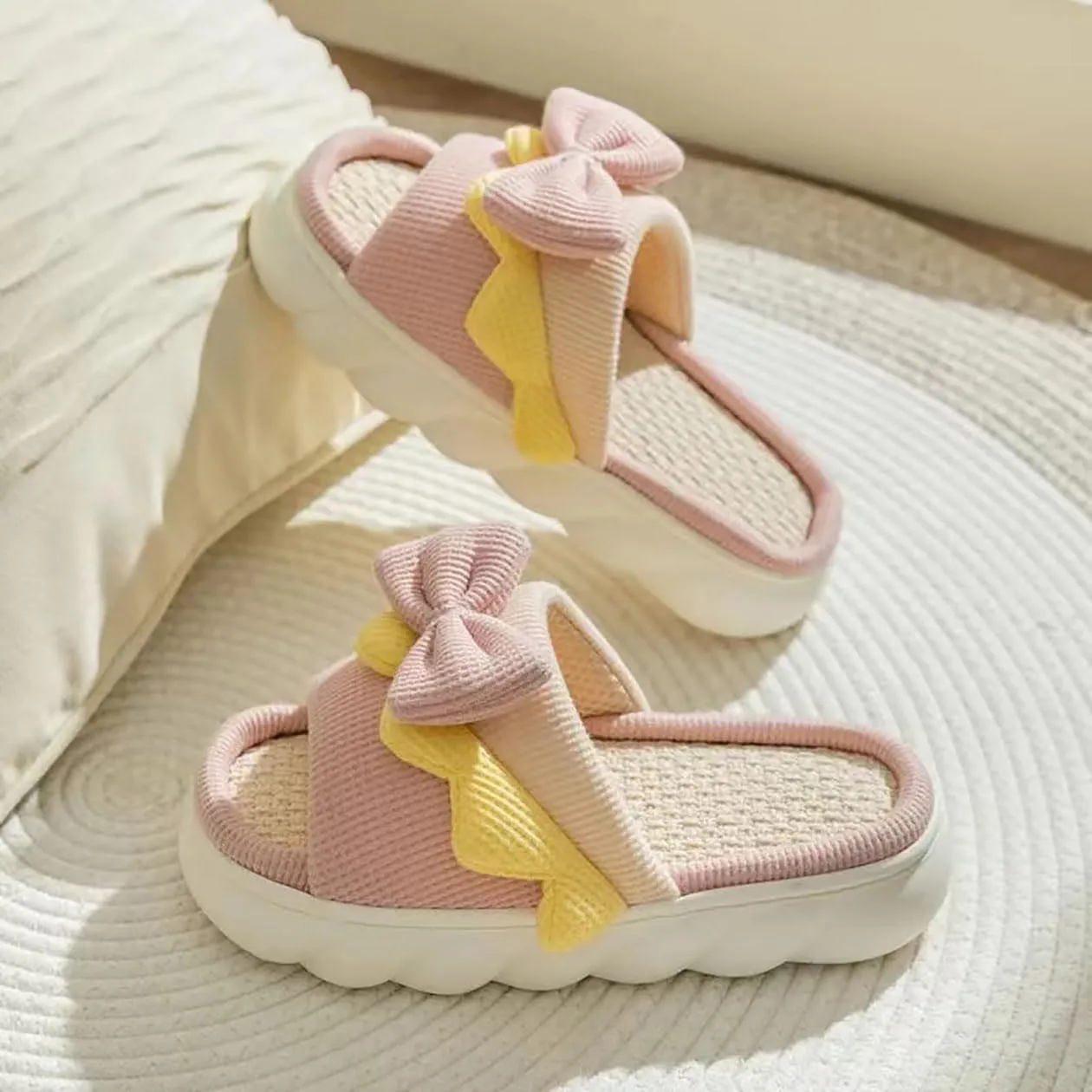 Bow shaped slippers cute women's summer home open toe linen slippers