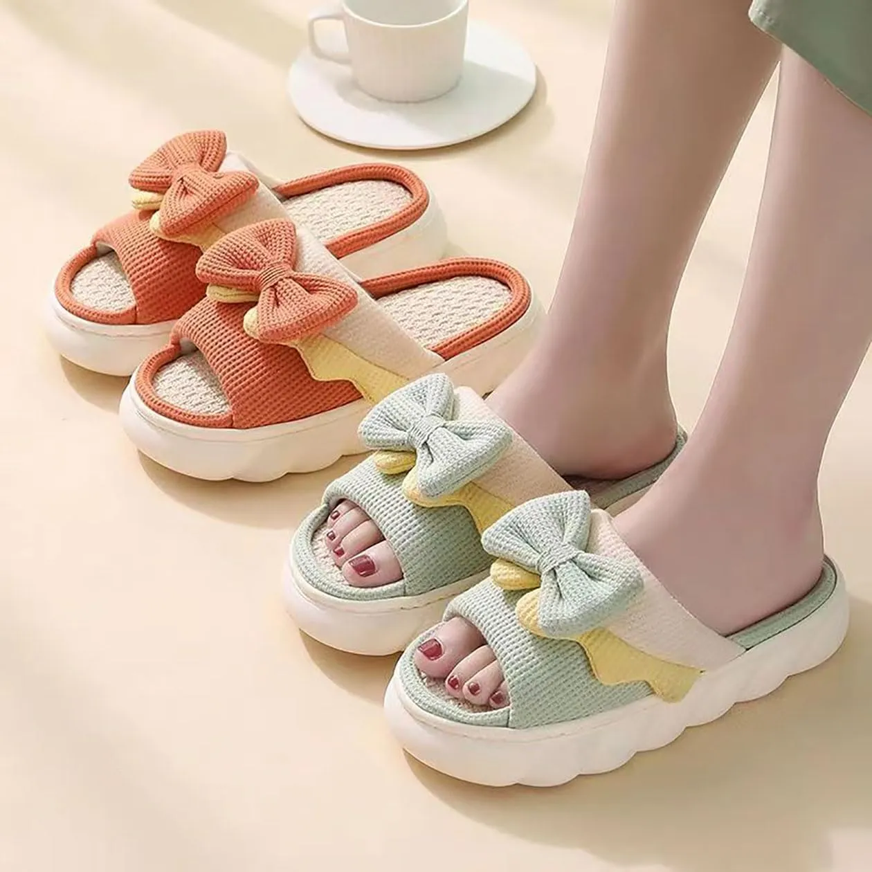 Bow shaped slippers cute women's summer home open toe linen slippers