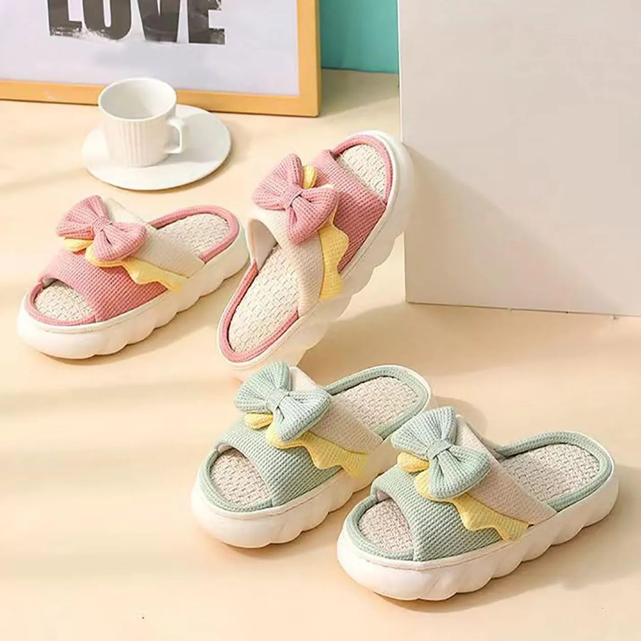 Bow shaped slippers cute women's summer home open toe linen slippers