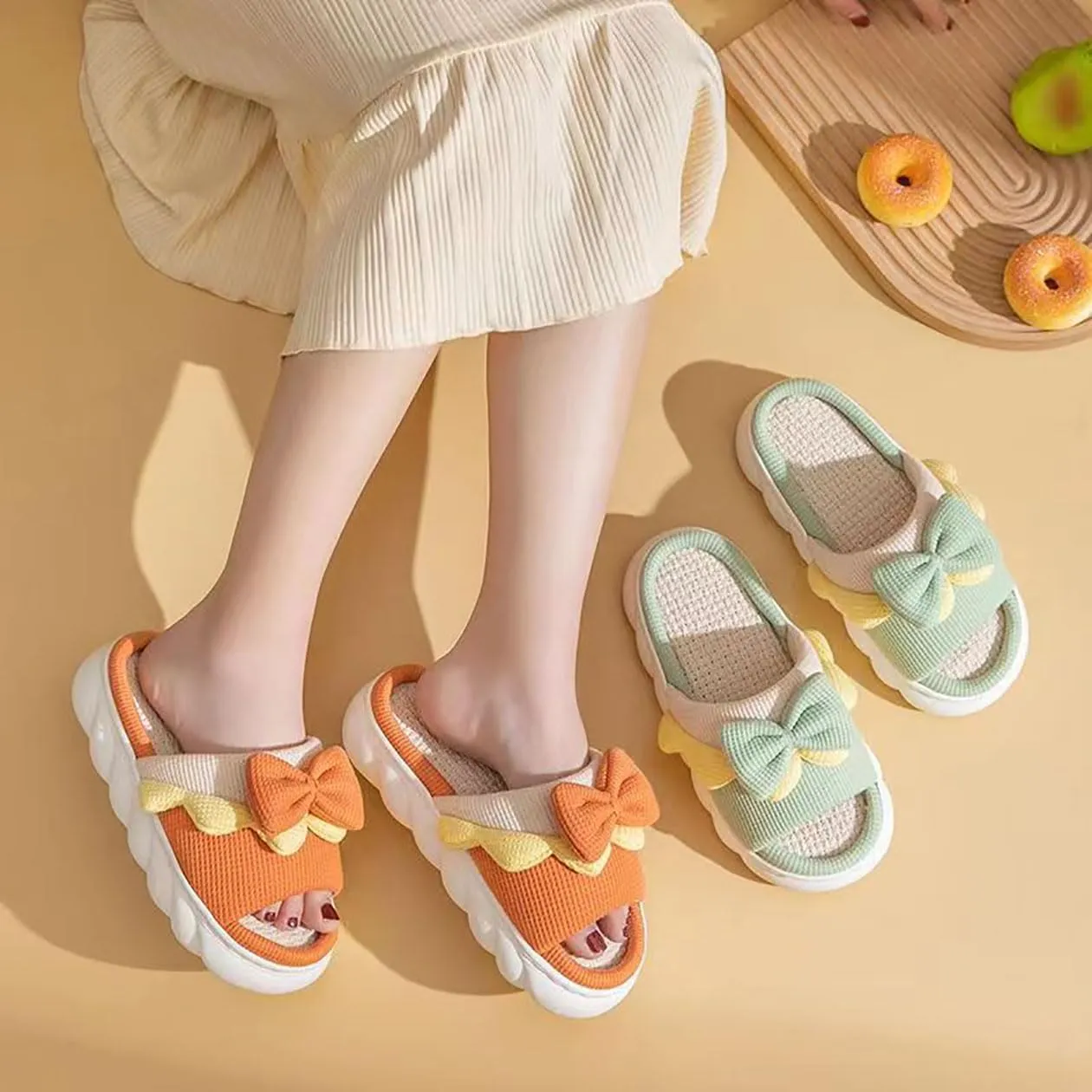 Bow shaped slippers cute women's summer home open toe linen slippers