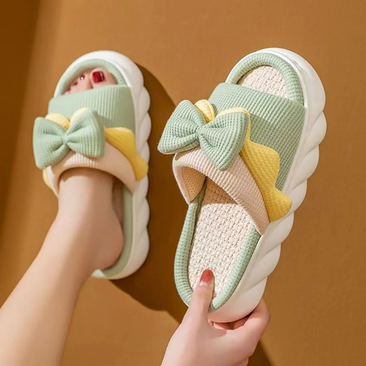 Bow shaped slippers cute women's summer home open toe linen slippers