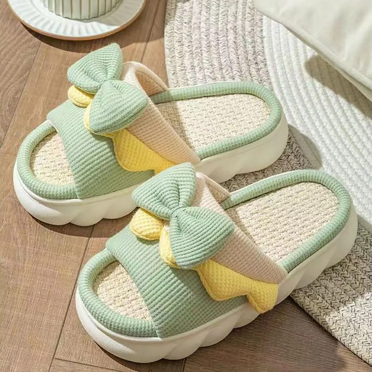 Bow shaped slippers cute women's summer home open toe linen slippers