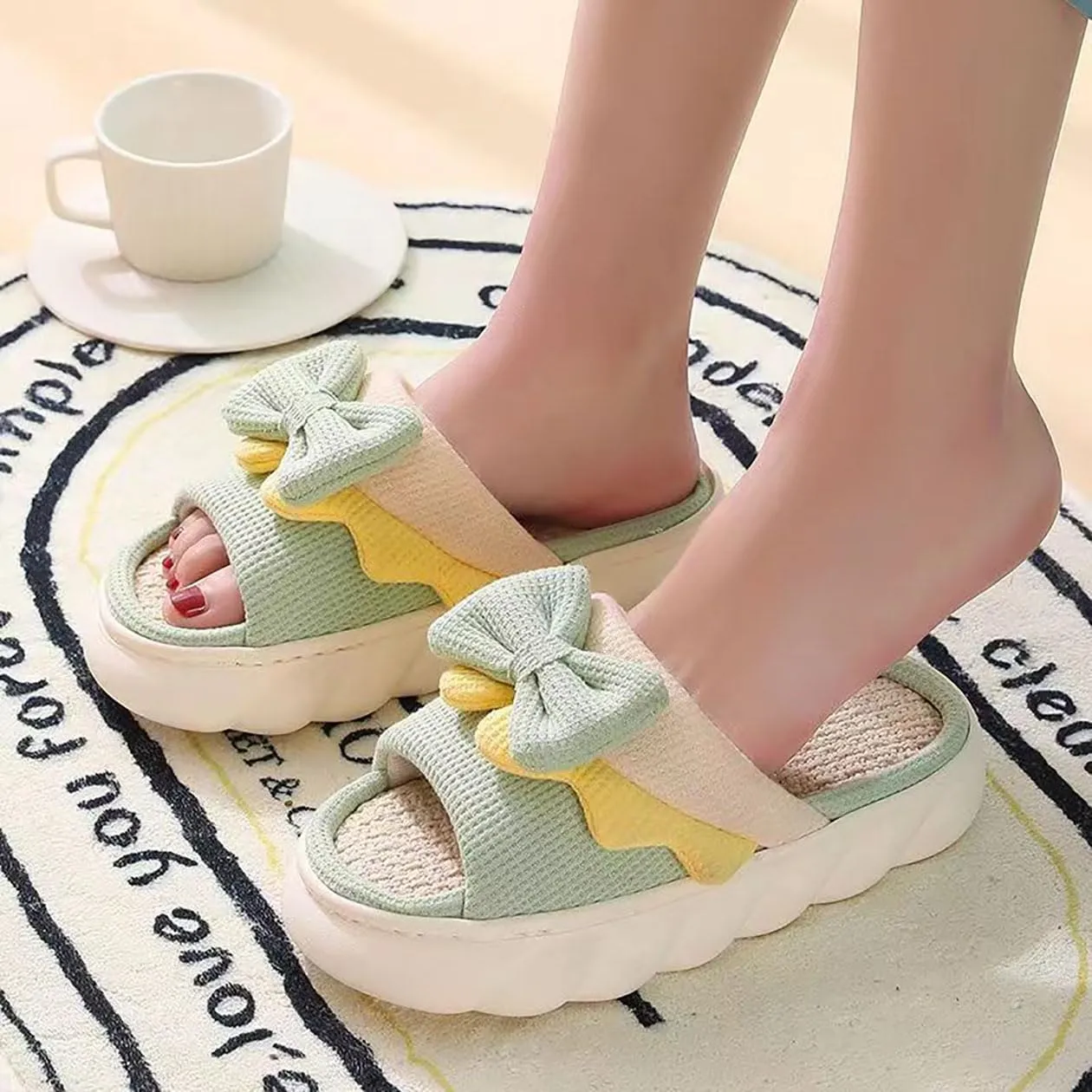Bow shaped slippers cute women's summer home open toe linen slippers