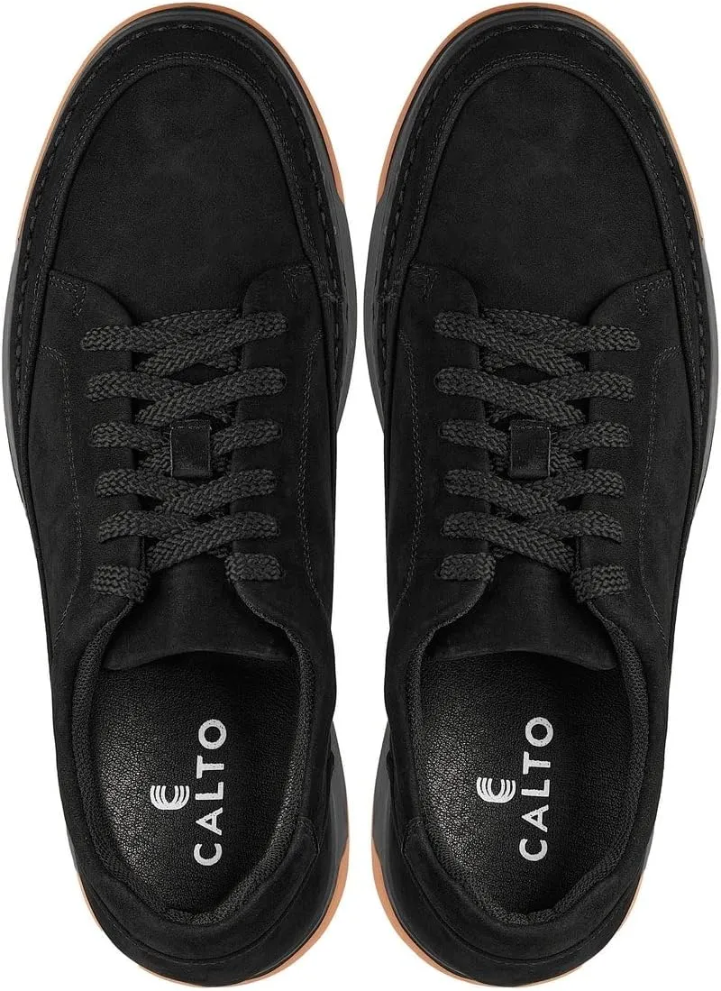 CALTO Men's Invisible Height Increasing Elevator Shoes - Noir Suede/Black & Gum Sole Premium Suede Leather Lace-up Fashion Sneakers - 2.6 Inches Taller - Y7933 - Size 9 D(M) US