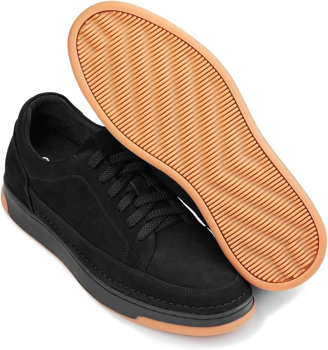 CALTO Men's Invisible Height Increasing Elevator Shoes - Noir Suede/Black & Gum Sole Premium Suede Leather Lace-up Fashion Sneakers - 2.6 Inches Taller - Y7933 - Size 9 D(M) US