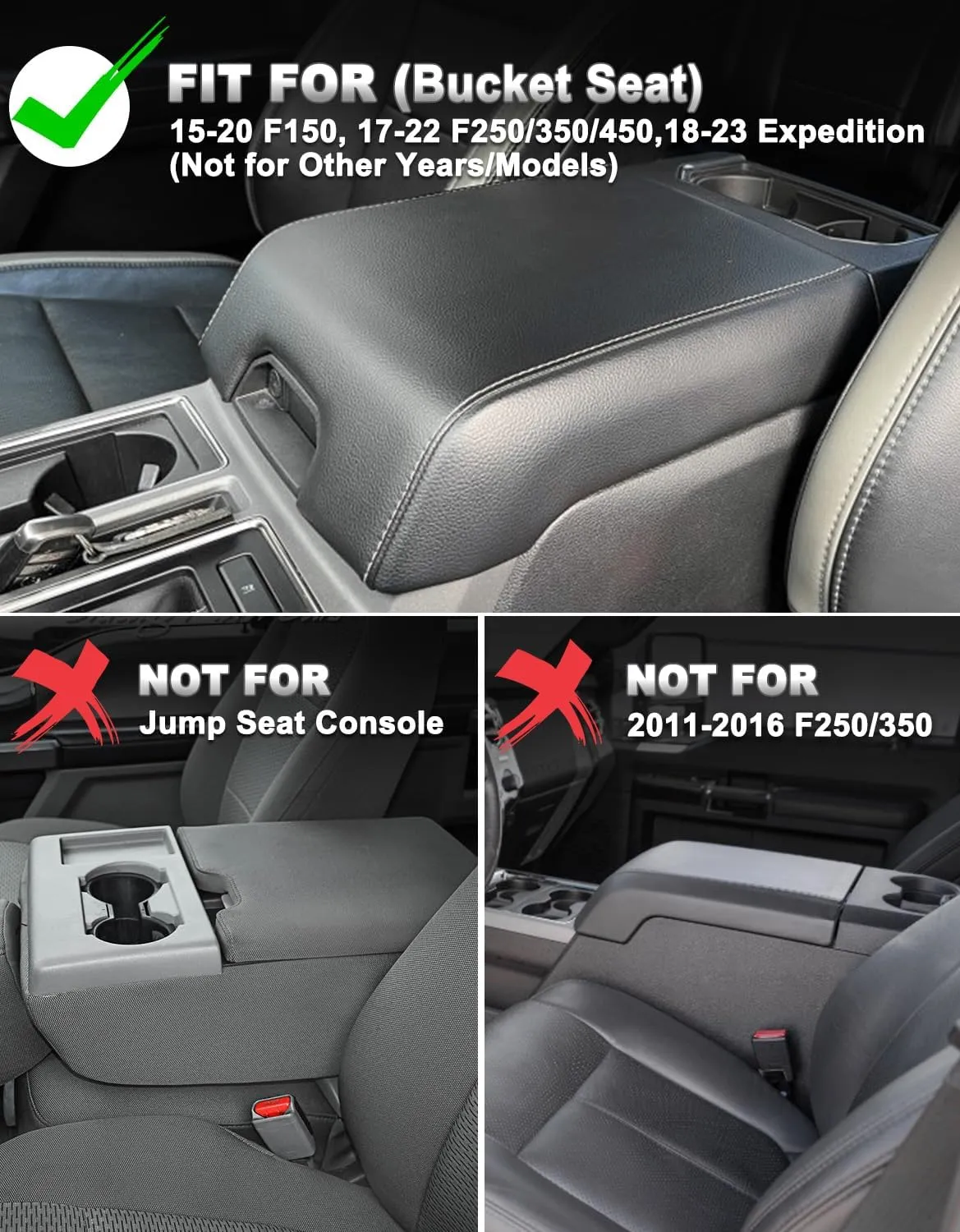 Center Console Cover for 2015-2020 F150 Accessories & F250 F350 2017-2020, PU Leather Armrest Cusion Cover with Storage Bag, Bucket Seat Only, Anti-Scratch, Black