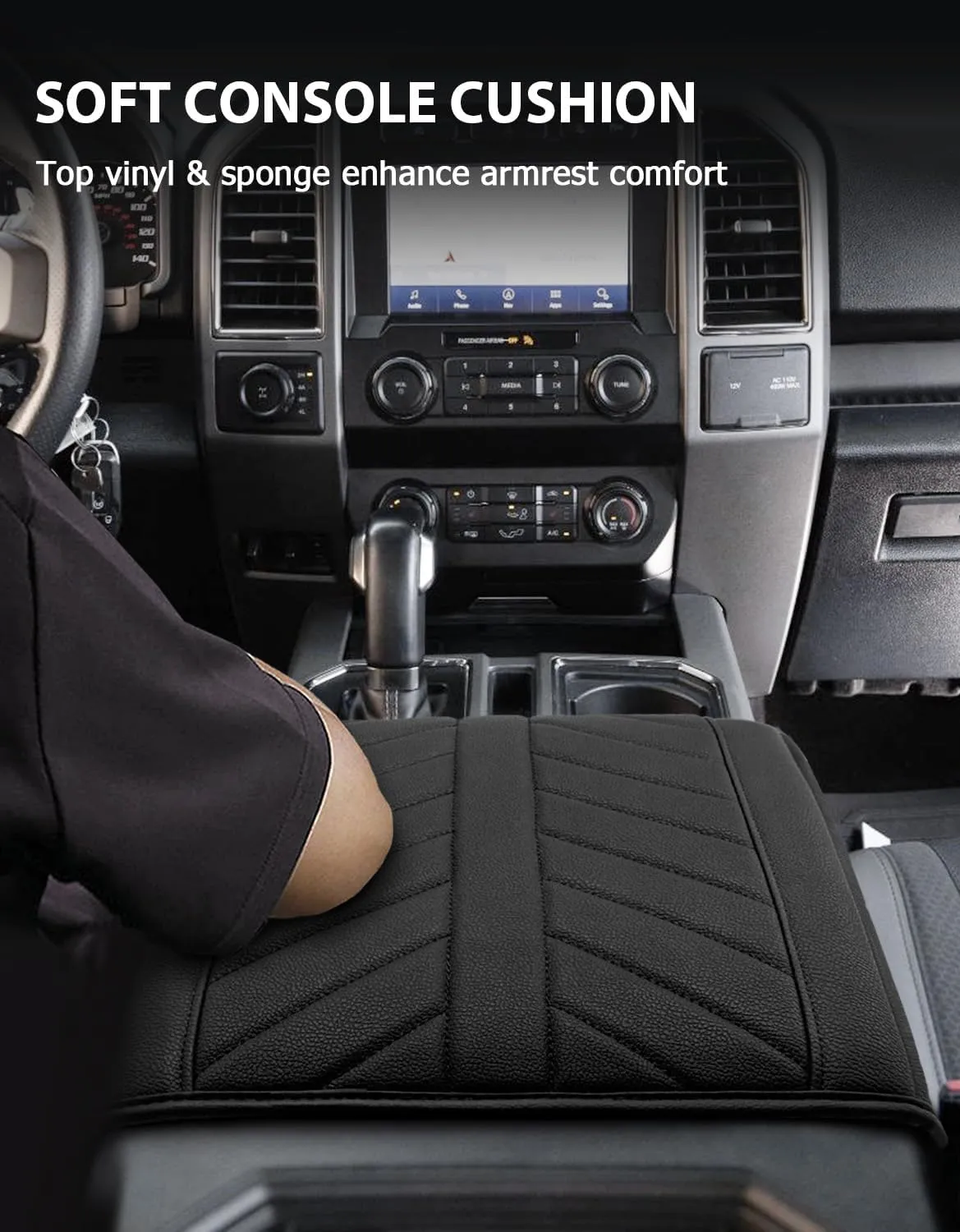Center Console Cover for 2015-2020 F150 Accessories & F250 F350 2017-2020, PU Leather Armrest Cusion Cover with Storage Bag, Bucket Seat Only, Anti-Scratch, Black