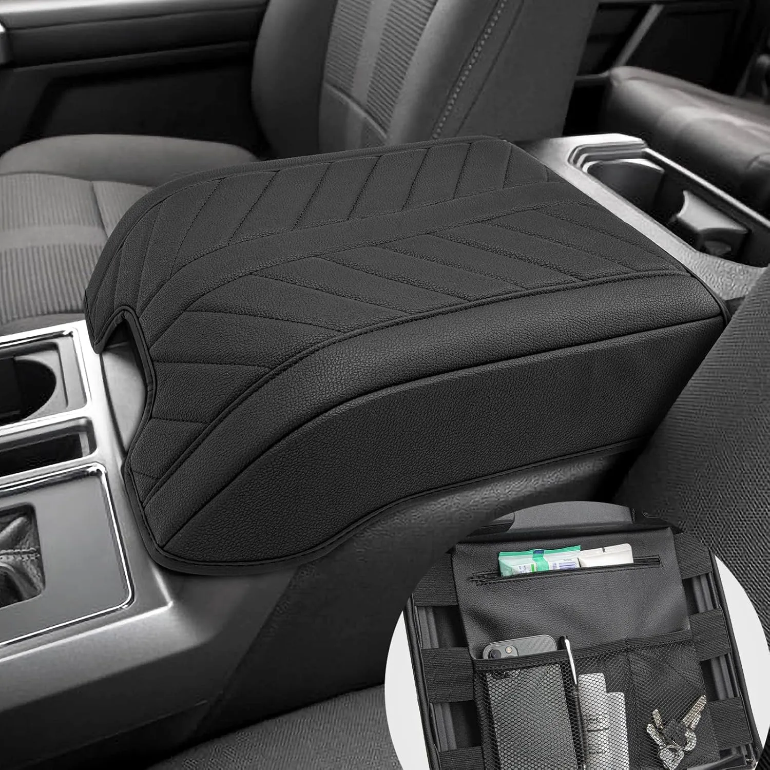 Center Console Cover for 2015-2020 F150 Accessories & F250 F350 2017-2020, PU Leather Armrest Cusion Cover with Storage Bag, Bucket Seat Only, Anti-Scratch, Black