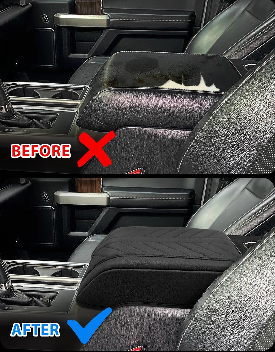 Center Console Cover for 2015-2020 F150 Accessories & F250 F350 2017-2020, PU Leather Armrest Cusion Cover with Storage Bag, Bucket Seat Only, Anti-Scratch, Black