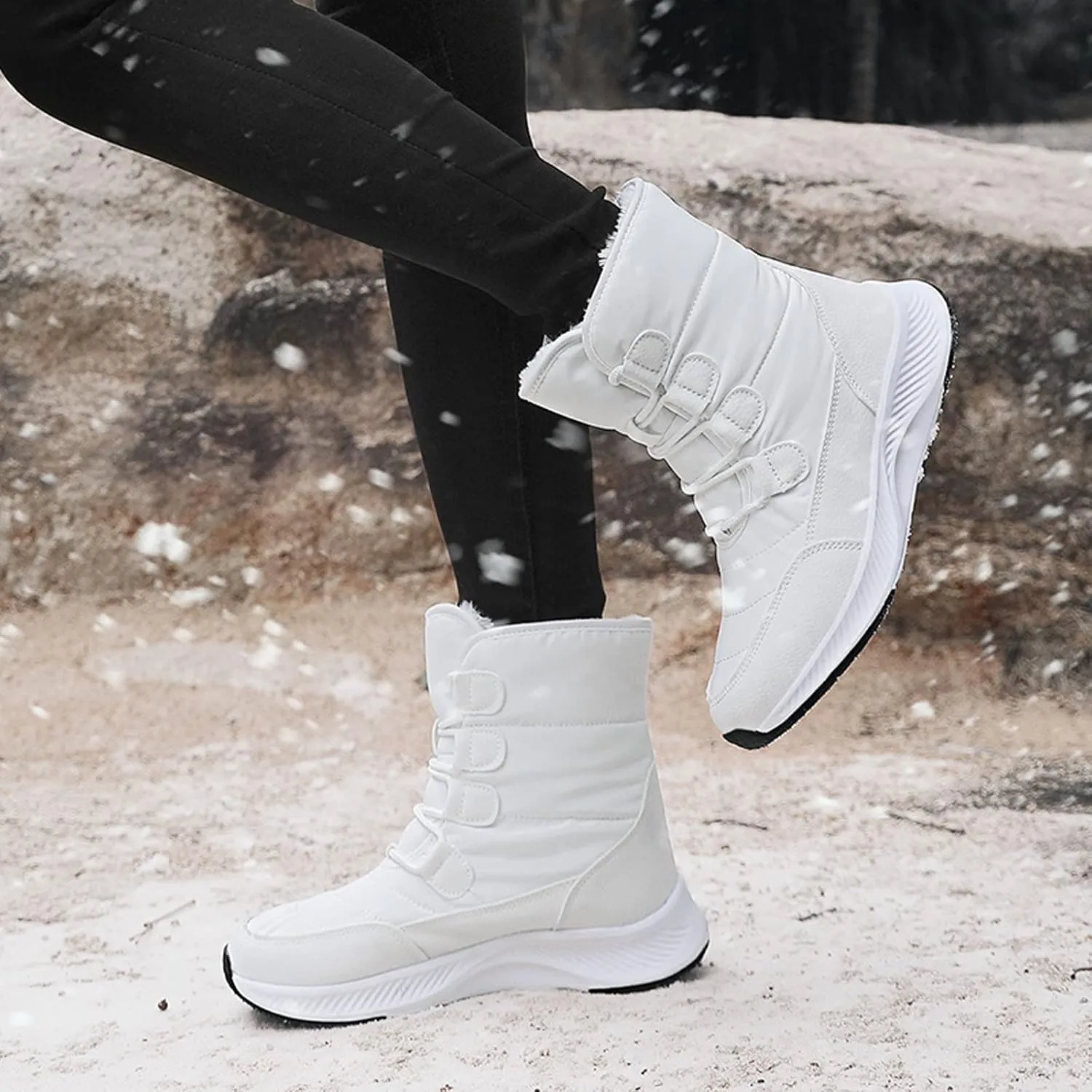 CERYTHRINA Womens Waterproof Booties Lightweight Winter Fur Lined Walking Boots Anti-Slip Outdoor Snow Boots
