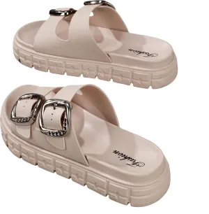 Comfortable Summer Slide Sandals - Women's Fashionable Double Buckle Design, Non-Slip Sole, Versatile for Indoor/Outdoor Wear, Open Toe, Strappy