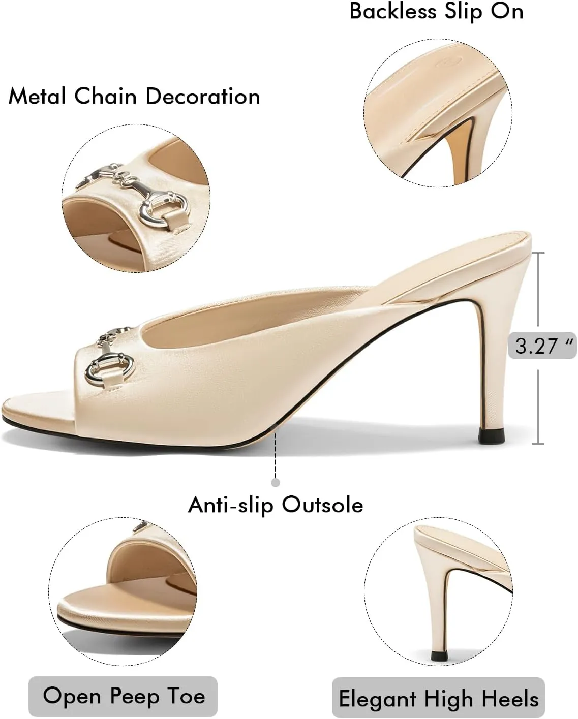 Coutgo Womens Heeled Mules Peep Toe High Heels Backless Dress Shoes Summer Slide Sandals with Metal Chain