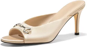 Coutgo Womens Heeled Mules Peep Toe High Heels Backless Dress Shoes Summer Slide Sandals with Metal Chain