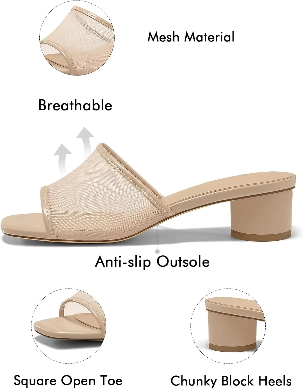 Coutgo Womens Slide Sandals Mesh Chunky Heels Mules Square Open Toe Slip On Summer Dress Shoes
