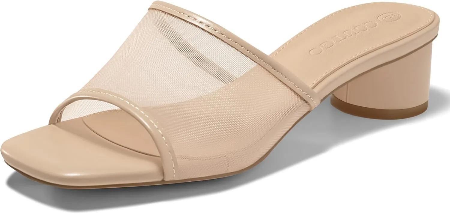 Coutgo Womens Slide Sandals Mesh Chunky Heels Mules Square Open Toe Slip On Summer Dress Shoes