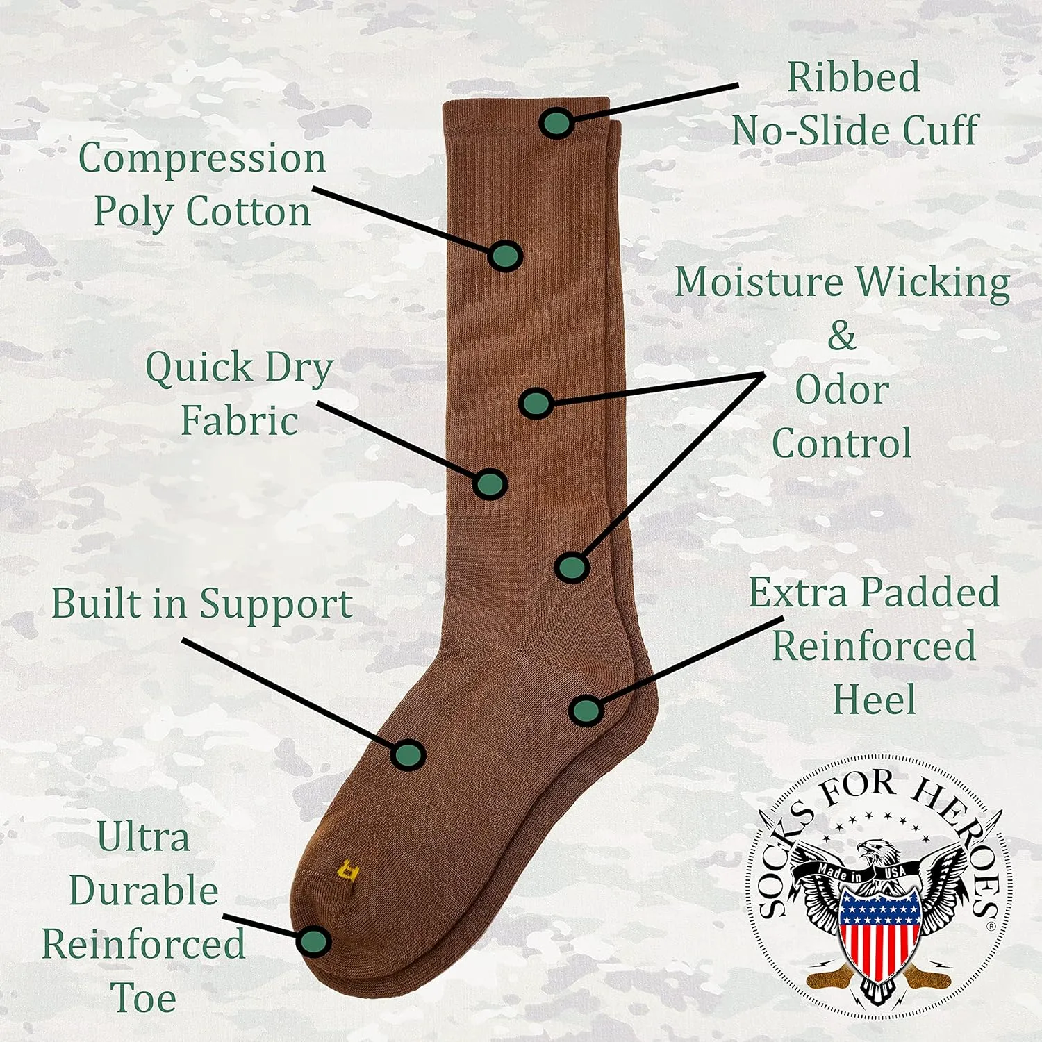 Coyote Brown Moisture Wicking, Breathable Over The Calf Foot Socks | Quick Dry Boot Socks | Made in USA
