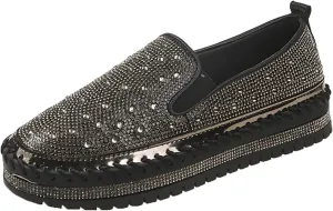 Crzidha Women's Platform Rhinestones Glitter Sneaker Bling Slip On Comfort Sneaker Flat Loafer Casual Shoes Sparkly Walking Round Toe Low Top Shoes Lightweight Breathable Non-Slip Fashion Dress Shoes