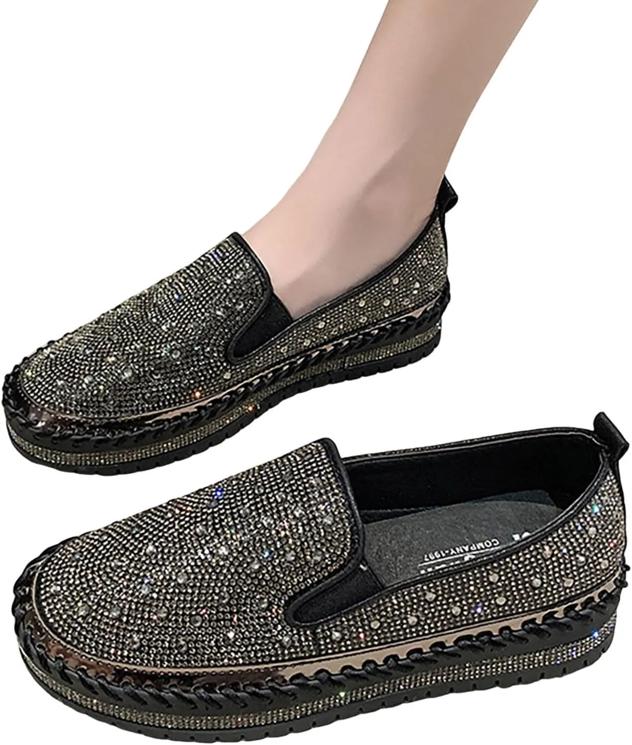 Crzidha Women's Platform Rhinestones Glitter Sneaker Bling Slip On Comfort Sneaker Flat Loafer Casual Shoes Sparkly Walking Round Toe Low Top Shoes Lightweight Breathable Non-Slip Fashion Dress Shoes