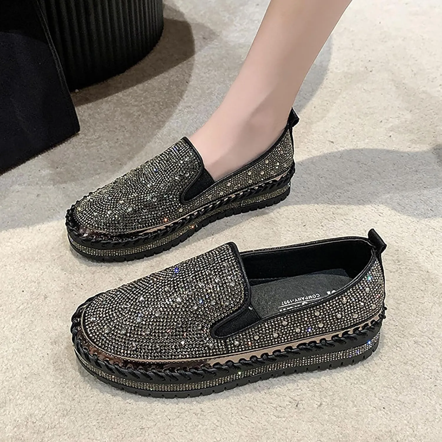 Crzidha Women's Platform Rhinestones Glitter Sneaker Bling Slip On Comfort Sneaker Flat Loafer Casual Shoes Sparkly Walking Round Toe Low Top Shoes Lightweight Breathable Non-Slip Fashion Dress Shoes