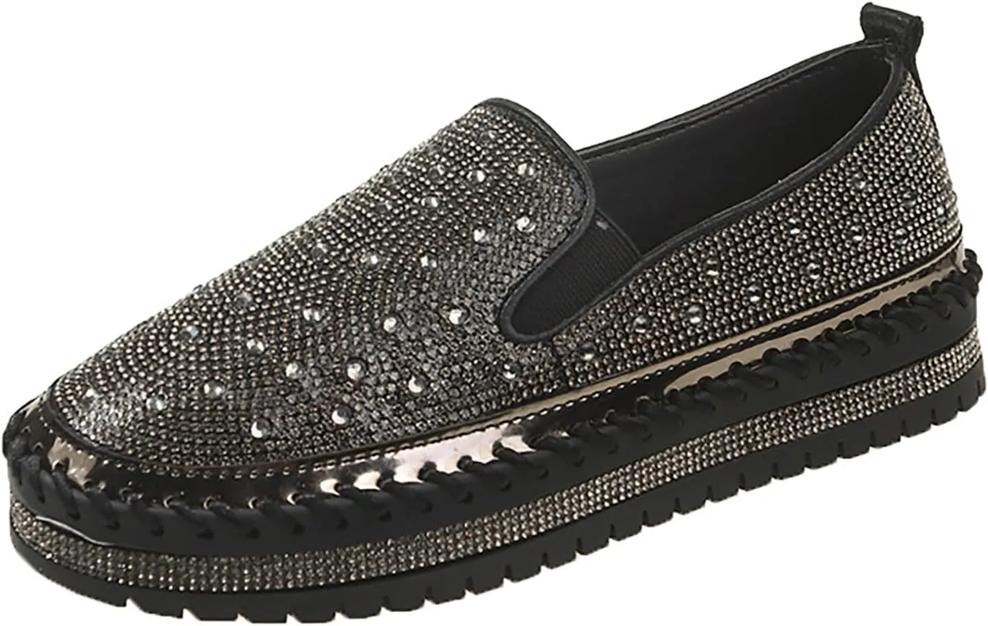 Crzidha Women's Platform Rhinestones Glitter Sneaker Bling Slip On Comfort Sneaker Flat Loafer Casual Shoes Sparkly Walking Round Toe Low Top Shoes Lightweight Breathable Non-Slip Fashion Dress Shoes