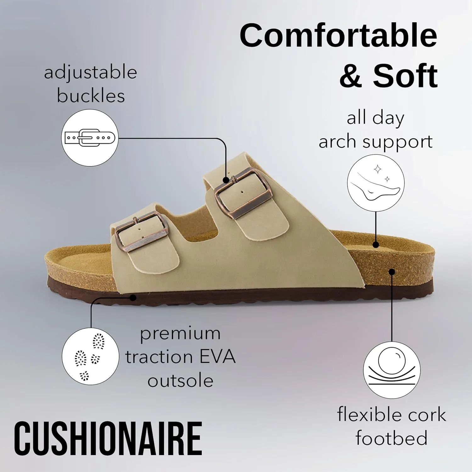 CUSHIONAIRE Men's Lane Cork Footbed Sandal with  Comfort, Arch Support, Adjustable Straps - Comfortable Slide Sandals for Walking, Casual Summer Footwear