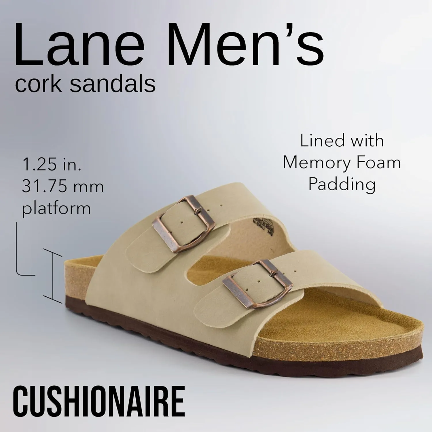 CUSHIONAIRE Men's Lane Cork Footbed Sandal with  Comfort, Arch Support, Adjustable Straps - Comfortable Slide Sandals for Walking, Casual Summer Footwear