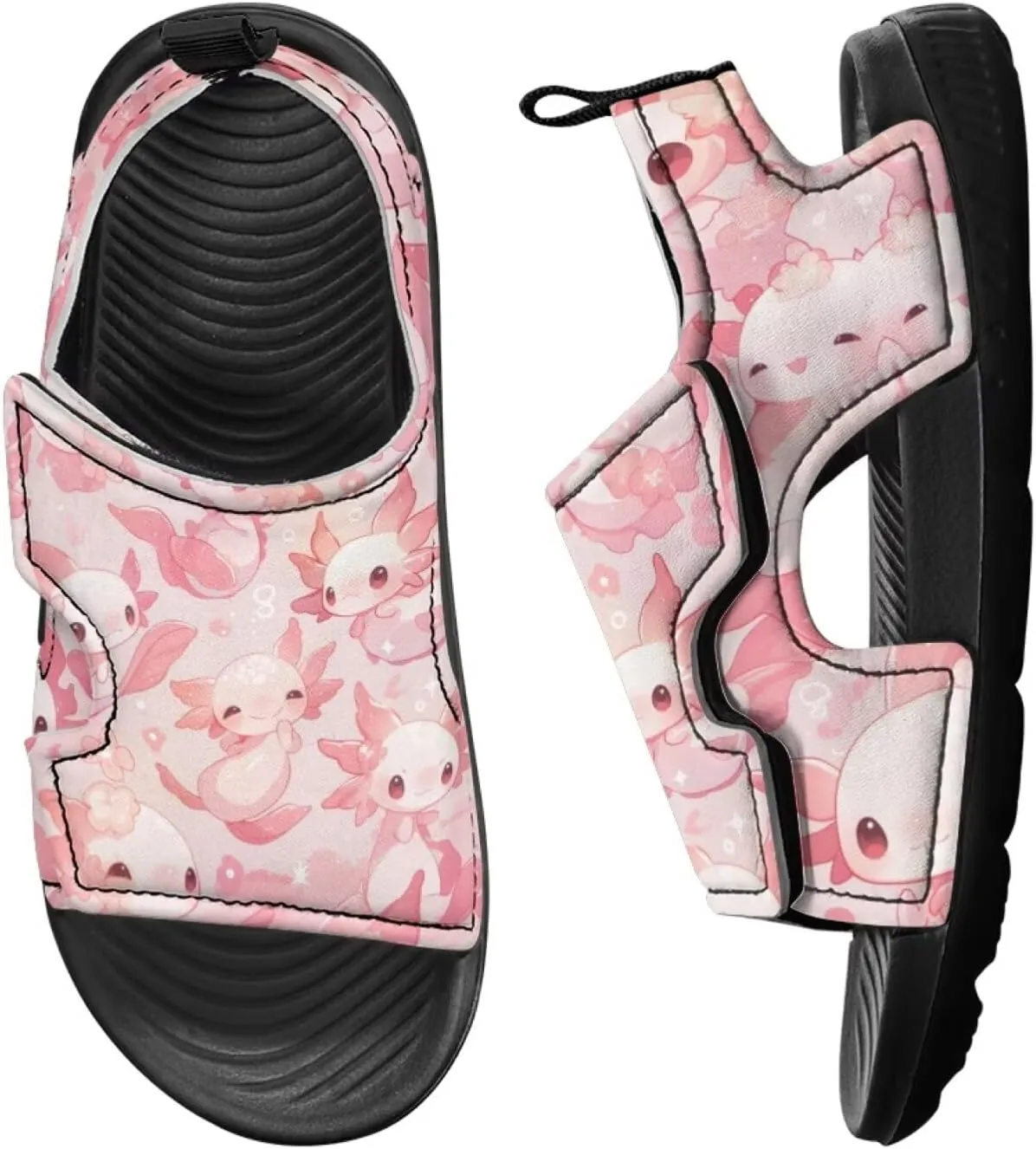 Cute Axolotl Kids Open Toe Slides Girls Boys Slip On Slide Sandals With Adjustable Strap Non-Slip Shower Shoes