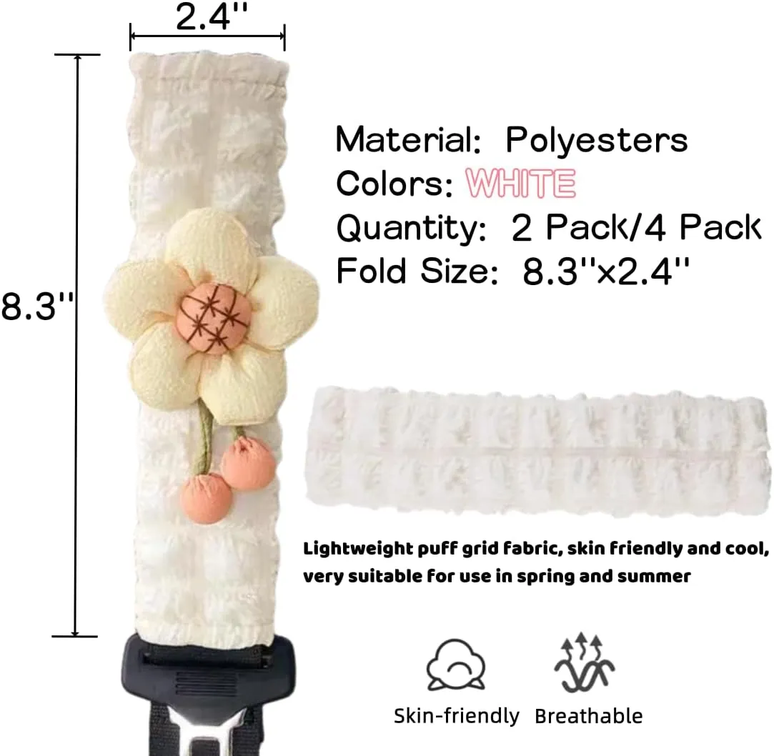 Cute Flower Car Seat Belt Cover Pads 2 Pack & 4 Pack Car Accessories Seat Belt Cushion Neck Cushion Shoulder Strap Protector Universal Seat Belt Cover for Adults and Kids (White,4)