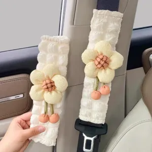 Cute Flower Car Seat Belt Cover Pads 2 Pack & 4 Pack Car Accessories Seat Belt Cushion Neck Cushion Shoulder Strap Protector Universal Seat Belt Cover for Adults and Kids (White,4)