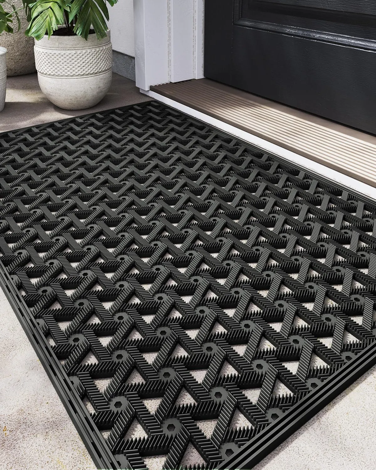 DEXI Front Door Mat Outside Entrance, 19x30 Welcome Rubber Doormat Waterproof, Drainage Heavy Duty Entry Mats with Non Slip Backing, Low Profile Dirt Trapper for Patio Entryway, Black