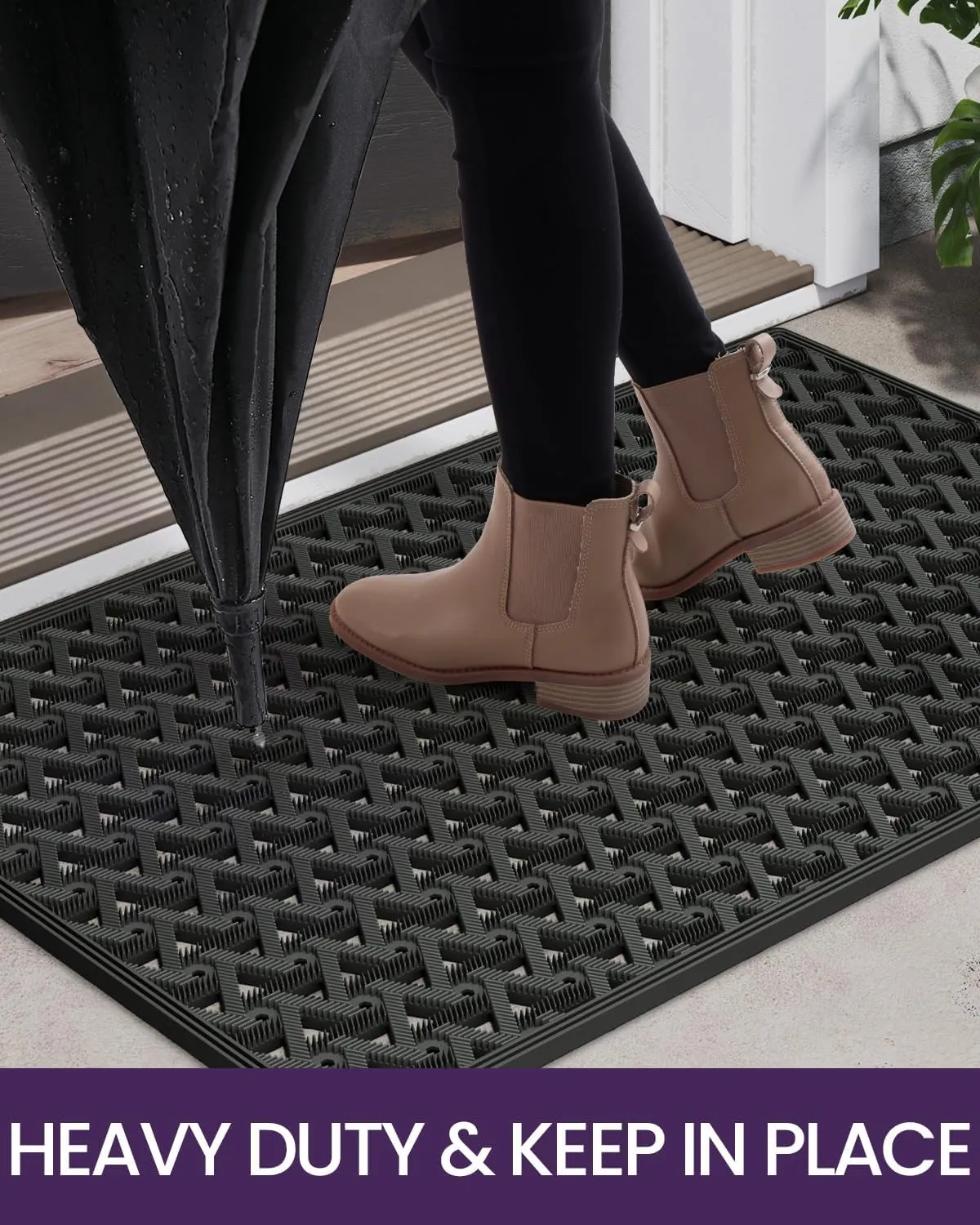 DEXI Front Door Mat Outside Entrance, 19x30 Welcome Rubber Doormat Waterproof, Drainage Heavy Duty Entry Mats with Non Slip Backing, Low Profile Dirt Trapper for Patio Entryway, Black