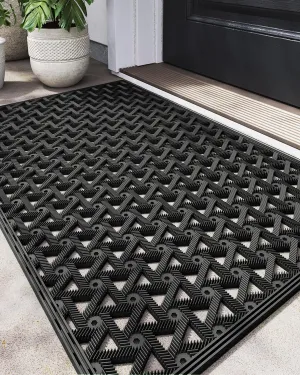 DEXI Front Door Mat Outside Entrance, 19x30 Welcome Rubber Doormat Waterproof, Drainage Heavy Duty Entry Mats with Non Slip Backing, Low Profile Dirt Trapper for Patio Entryway, Black