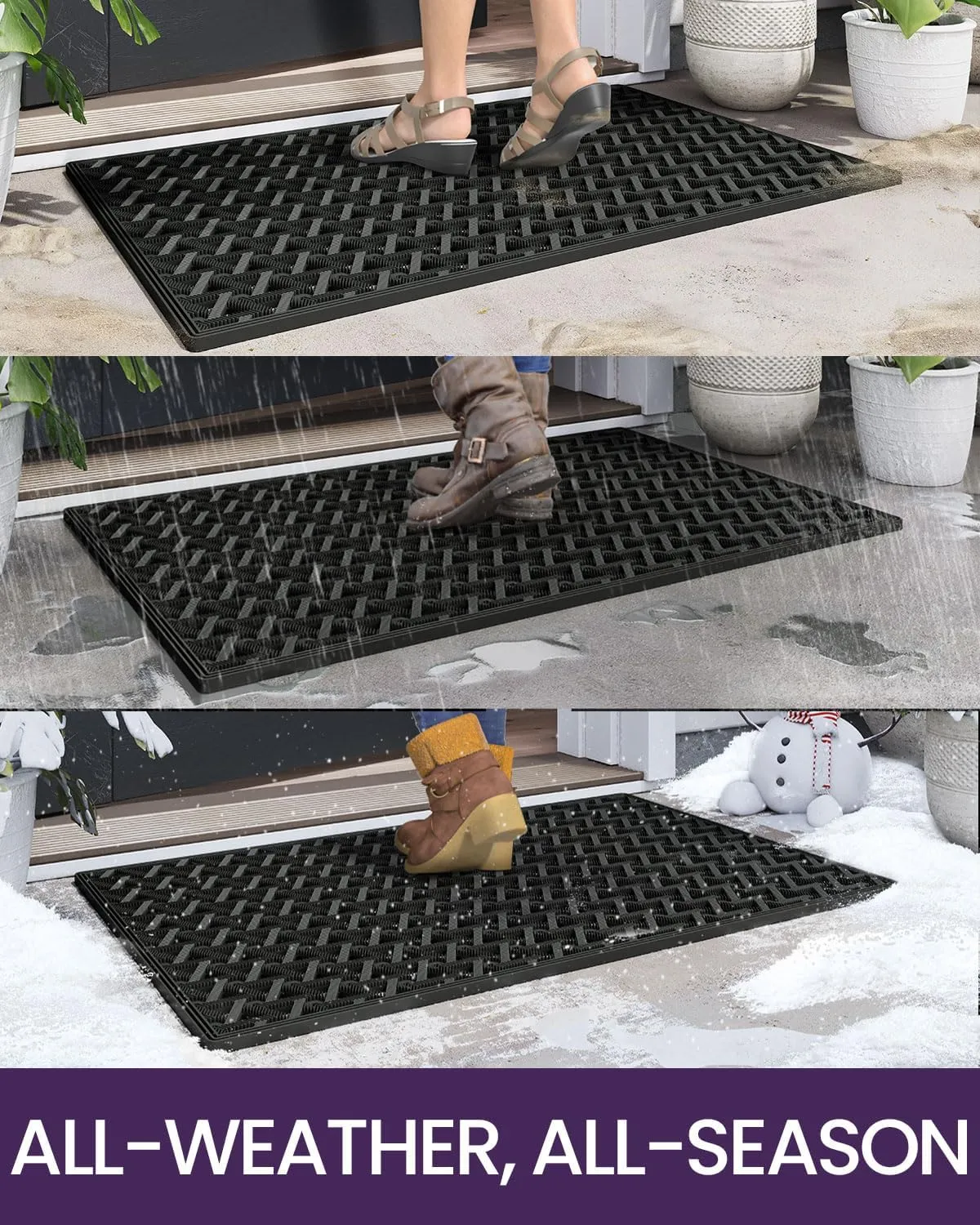DEXI Front Door Mat Outside Entrance, 19x30 Welcome Rubber Doormat Waterproof, Drainage Heavy Duty Entry Mats with Non Slip Backing, Low Profile Dirt Trapper for Patio Entryway, Black