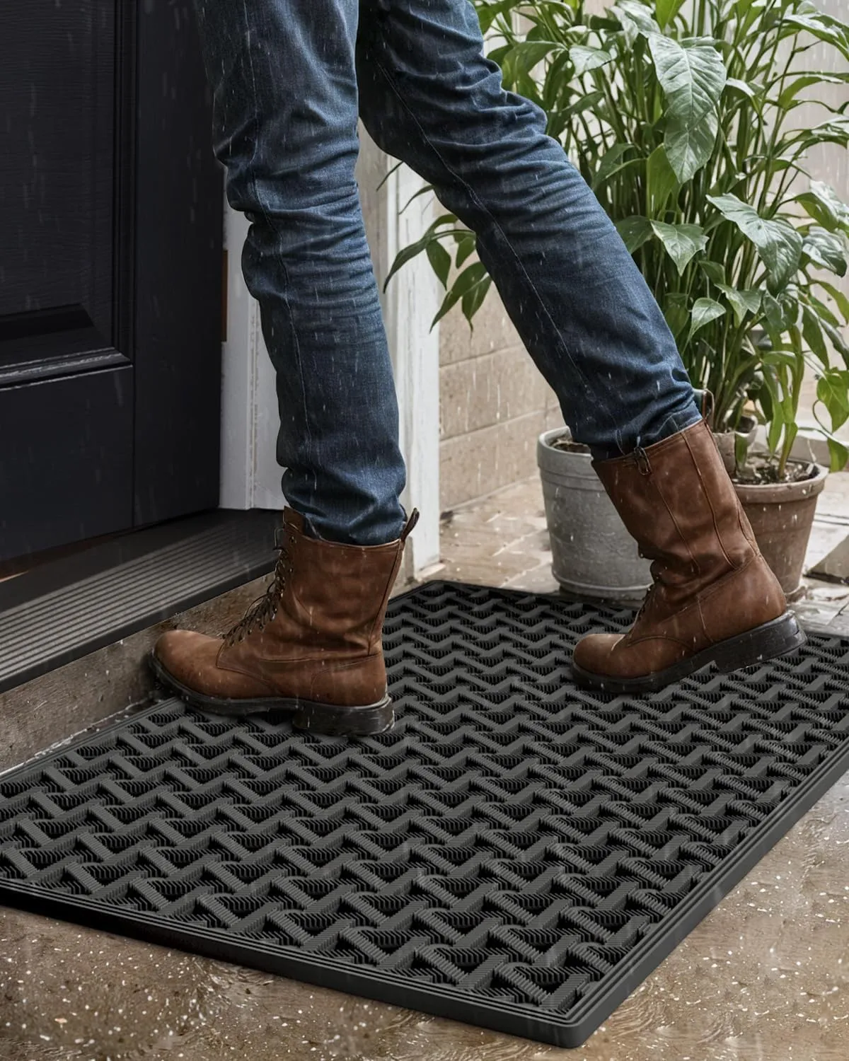 DEXI Front Door Mat Outside Entrance, 19x30 Welcome Rubber Doormat Waterproof, Drainage Heavy Duty Entry Mats with Non Slip Backing, Low Profile Dirt Trapper for Patio Entryway, Black