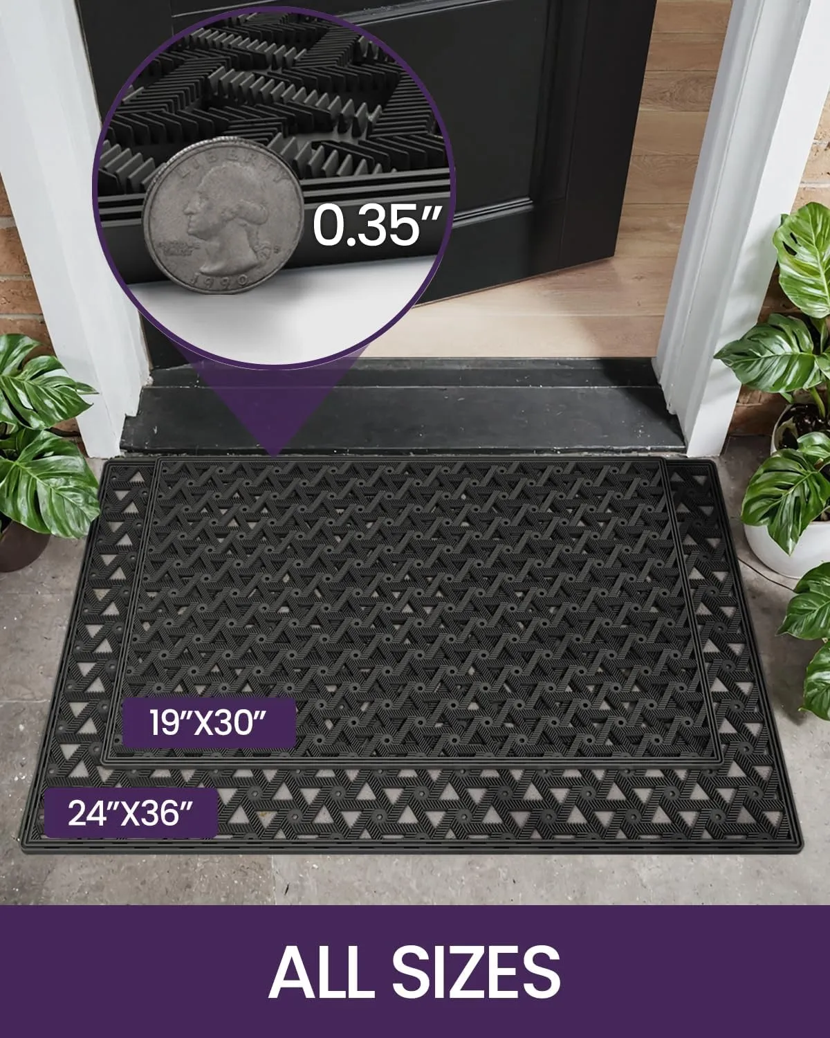 DEXI Front Door Mat Outside Entrance, 19x30 Welcome Rubber Doormat Waterproof, Drainage Heavy Duty Entry Mats with Non Slip Backing, Low Profile Dirt Trapper for Patio Entryway, Black