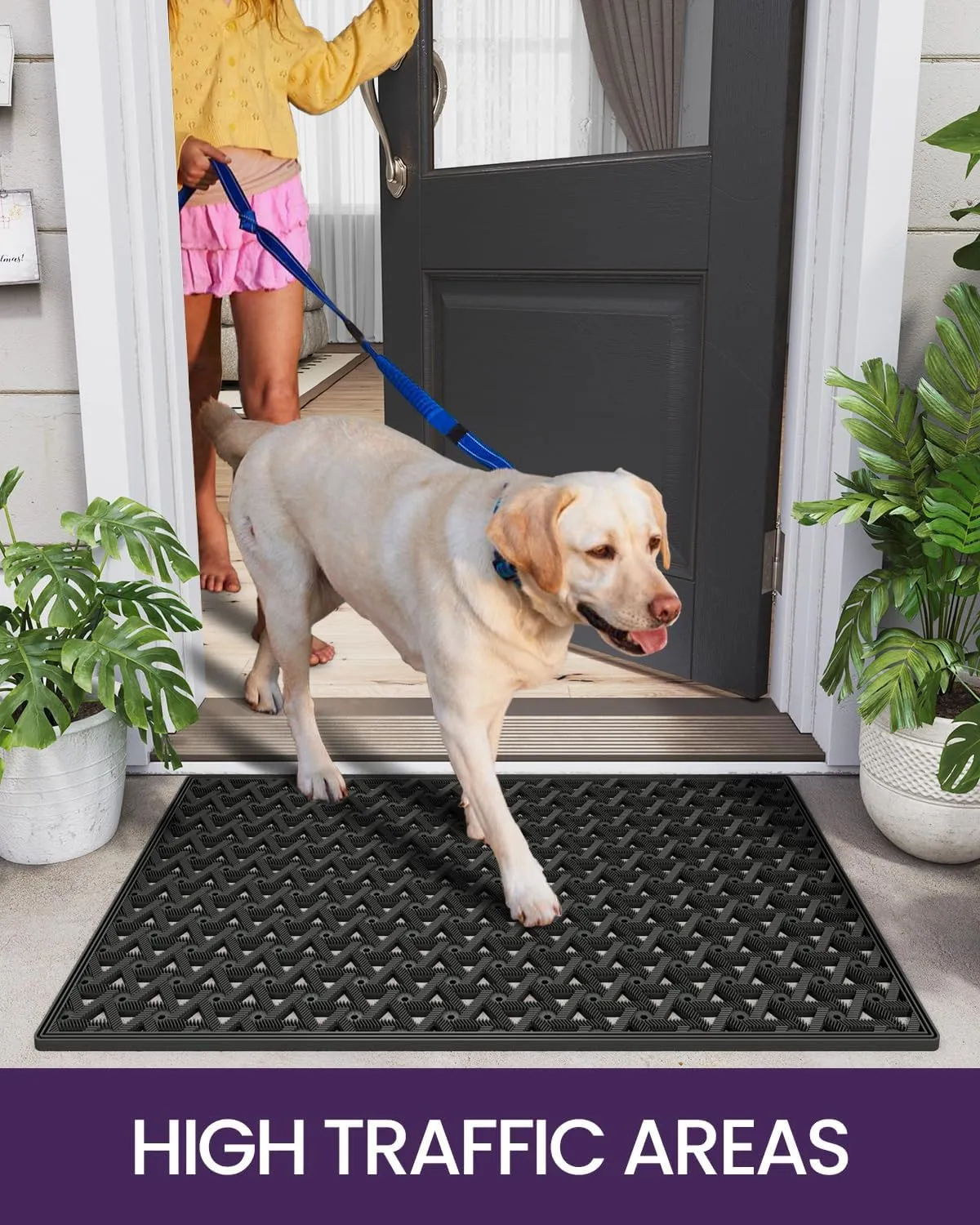 DEXI Front Door Mat Outside Entrance, 19x30 Welcome Rubber Doormat Waterproof, Drainage Heavy Duty Entry Mats with Non Slip Backing, Low Profile Dirt Trapper for Patio Entryway, Black
