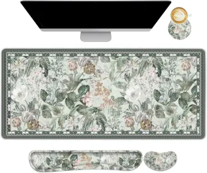 DINKY Large Mouse Pad and Keyboard Wrist Rest, Desk Pad for Keyboard and Mouse, Extended Mouse Pad with Wrist Support, 4 in 1 Non-Slip Desk Mat Blotter for Office, Home, Green Vintage Leaf Flower