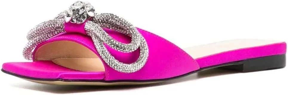 Divanne Slide Sandals for Women, Rhinestone Sandal Flats Bow Slippers Comfort Dressy Flat Slides