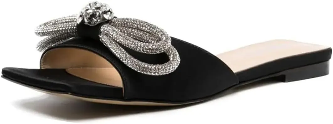 Divanne Slide Sandals for Women, Rhinestone Sandal Flats Bow Slippers Comfort Dressy Flat Slides
